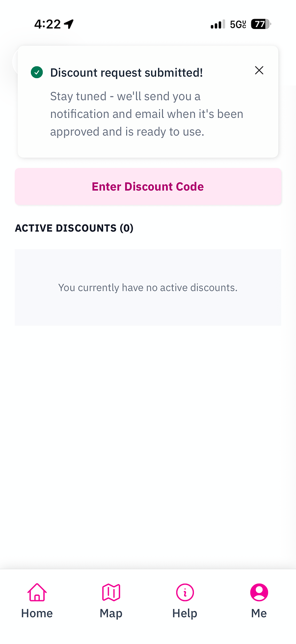 Discount request submitted confirmation