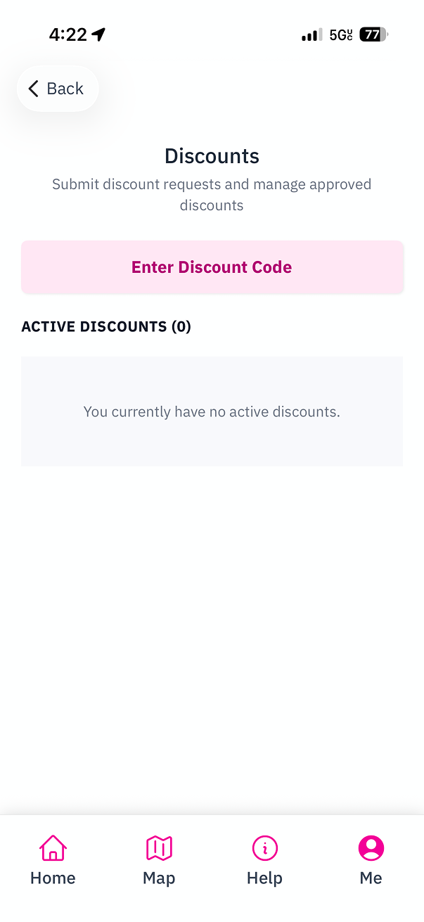 Enter Discount Code screen